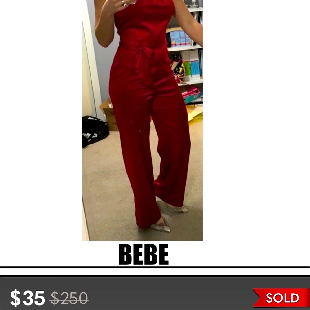 BEBE RED SATIN JUMPSUIT - Picture 1 of 4
